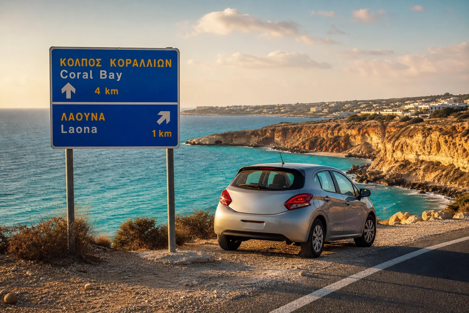 Route côtière à Chypre avec vue sur la mer turquoise en fin de journée