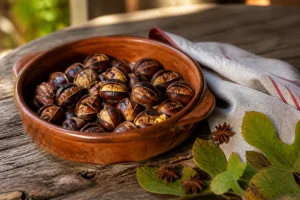Châtaignes grillées fendues dans un plat en terre cuite sur une table en bois rustique