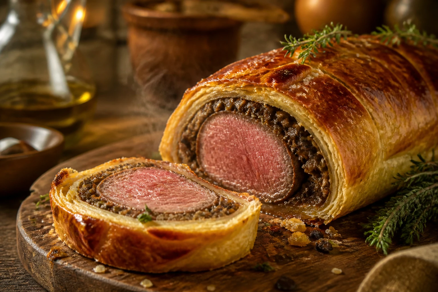 Filet mignon en croûte doré tranché sur planche en bois avec garniture aux champignons visible