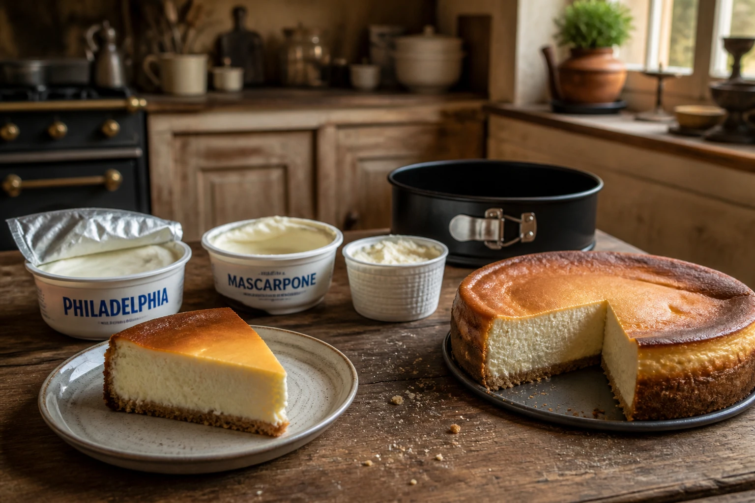 Fromages frais Philadelphia, mascarpone et ricotta près d'un cheesecake coupé sur plan de travail en bois