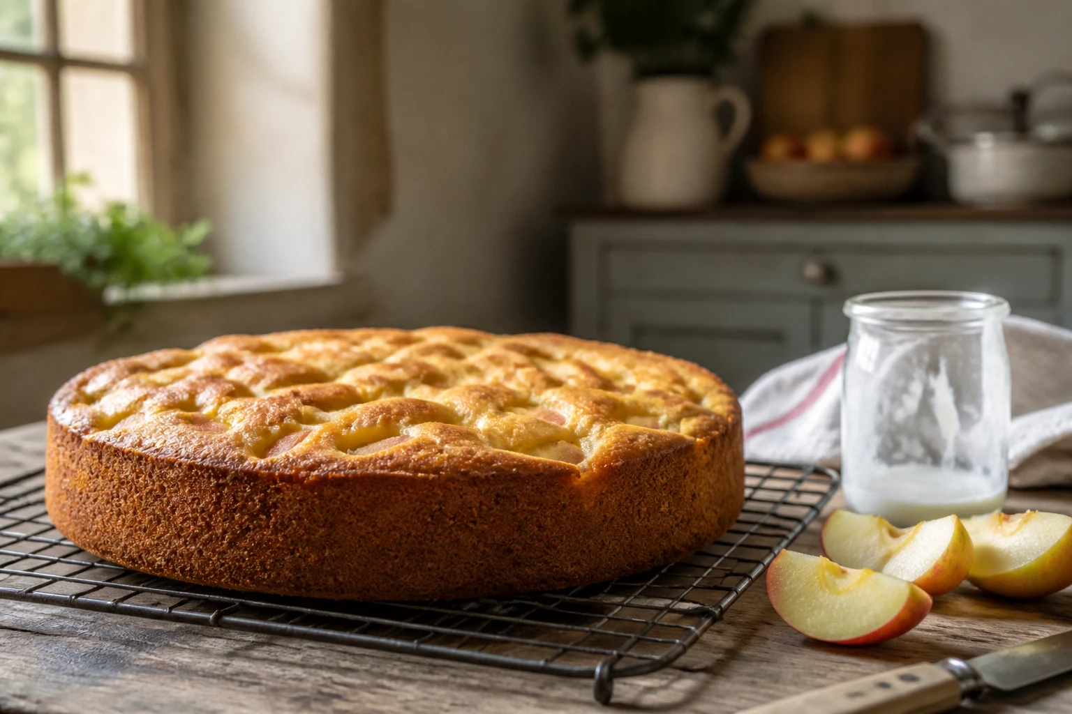 Gâteau au yaourt et aux pommes de grand-mère démoulé sur une grille, cuisine provençale