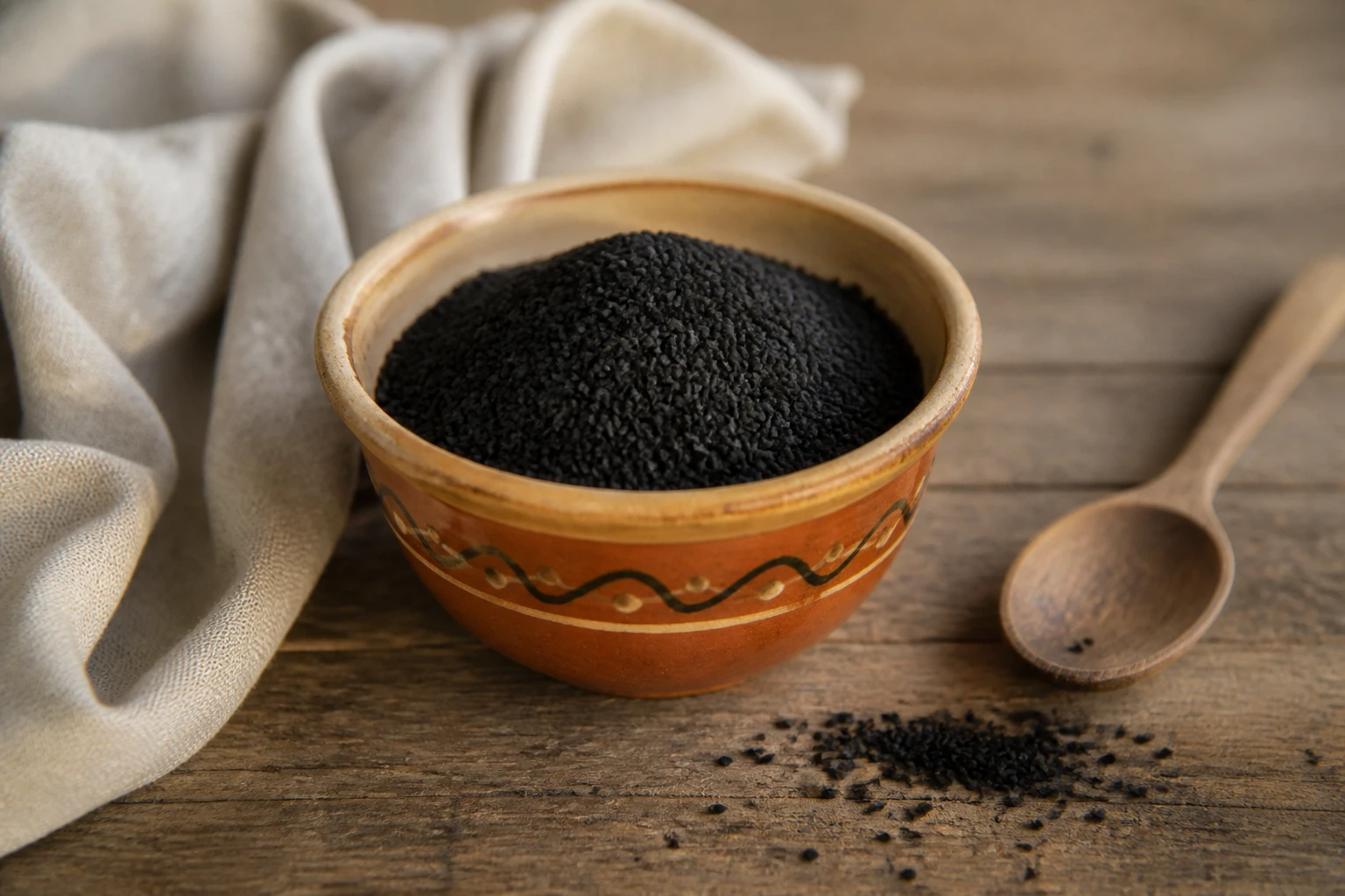 Bol de graines de nigelle noires sur une table en bois dans une cuisine provençale
