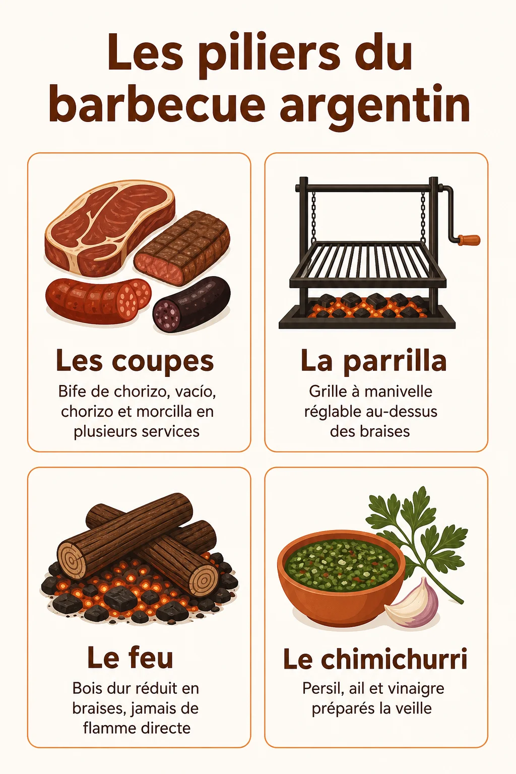 Les piliers du barbecue argentin : Les coupes, La parrilla, Le feu, Le chimichurri