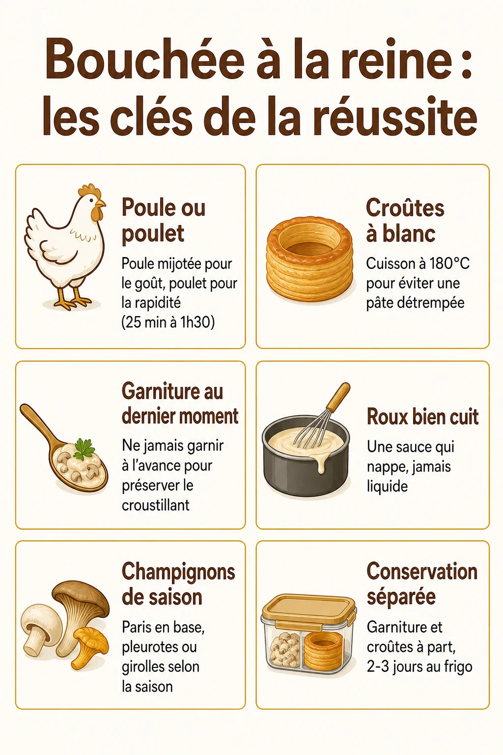 Bouchée à la reine : les clés de la réussite : Poule ou poulet, Croûtes à blanc, Garniture au dernier moment, Roux bien cuit, Champignons de saison, Conservation séparée