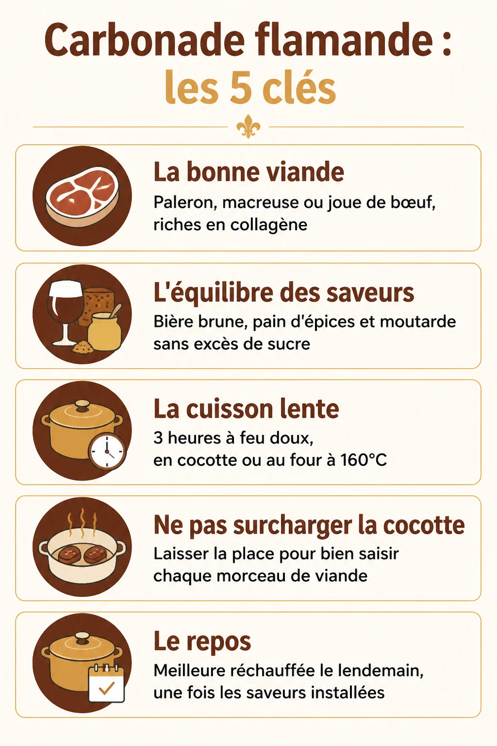 Carbonade flamande : les 5 clés : La bonne viande, L'équilibre des saveurs, La cuisson lente, Ne pas surcharger la cocotte, Le repos