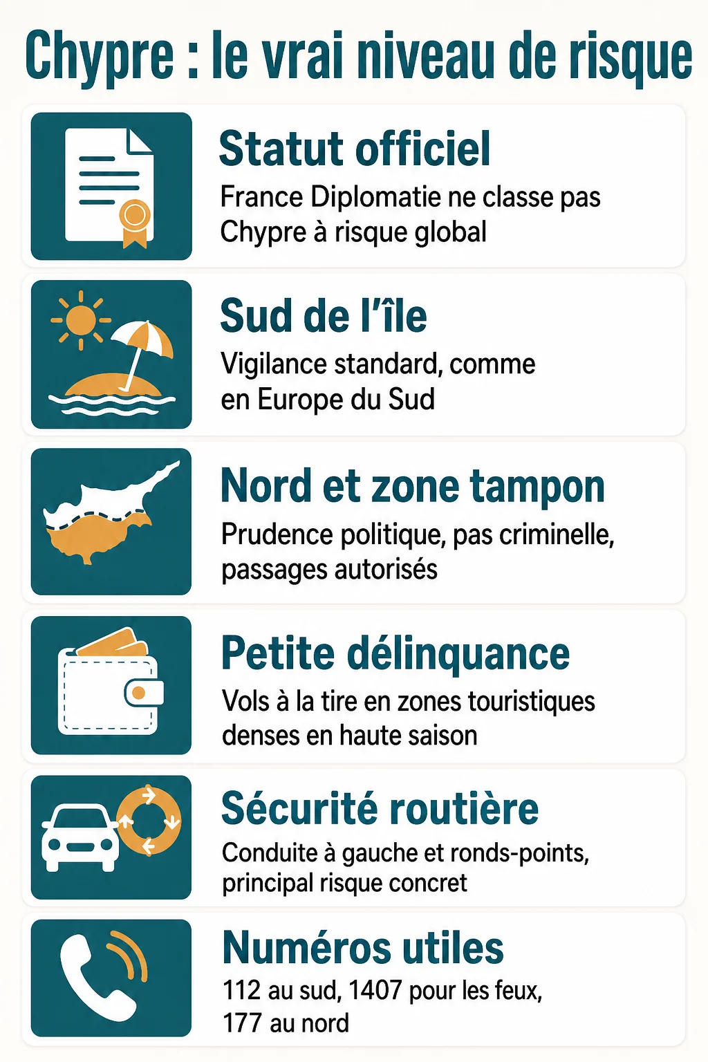 Chypre : le vrai niveau de risque : Statut officiel, Sud de l'île, Nord et zone tampon, Petite délinquance, Sécurité routière, Numéros utiles