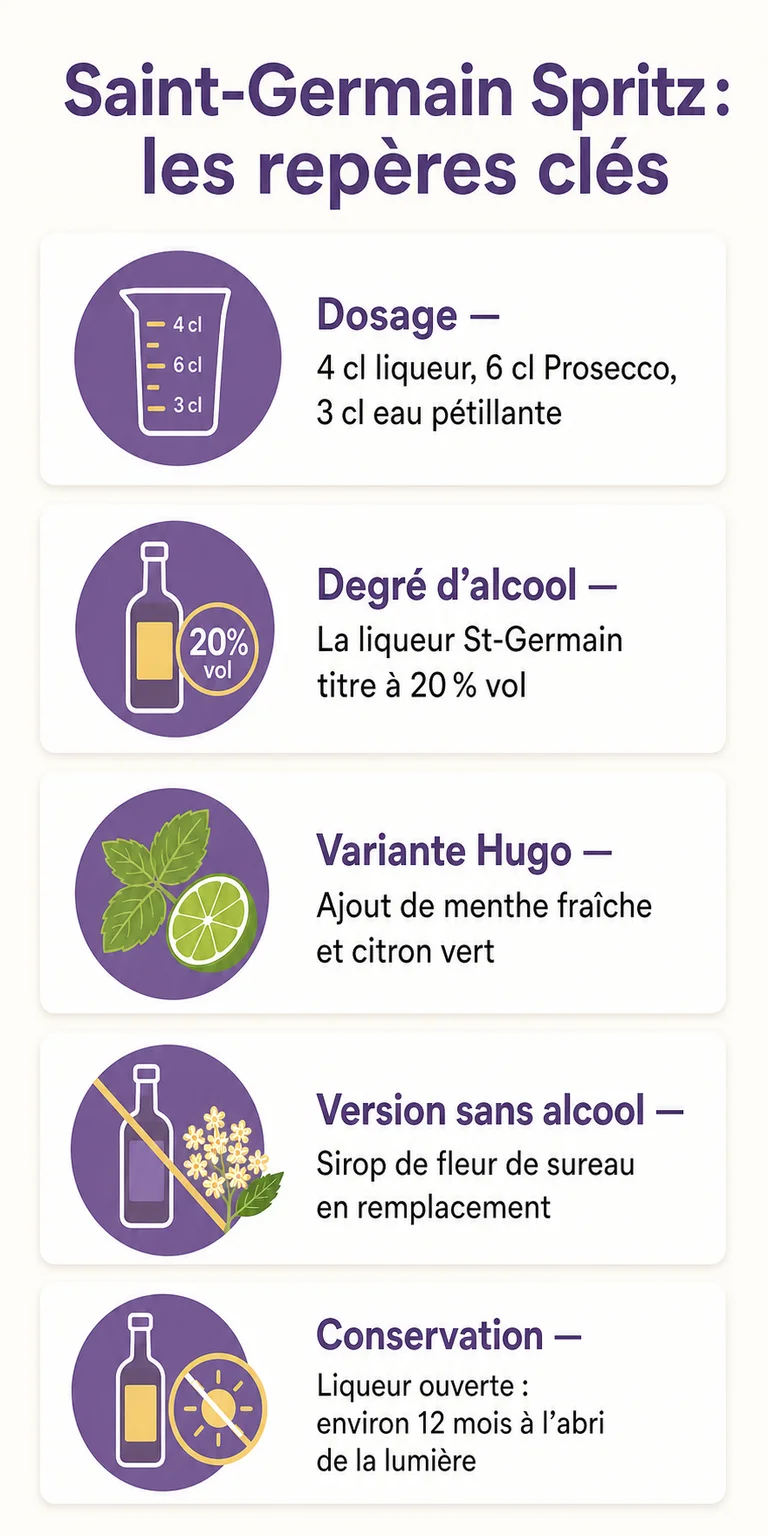 Saint-Germain Spritz : les repères clés : Dosage, Degré d'alcool, Variante Hugo, Version sans alcool, Conservation