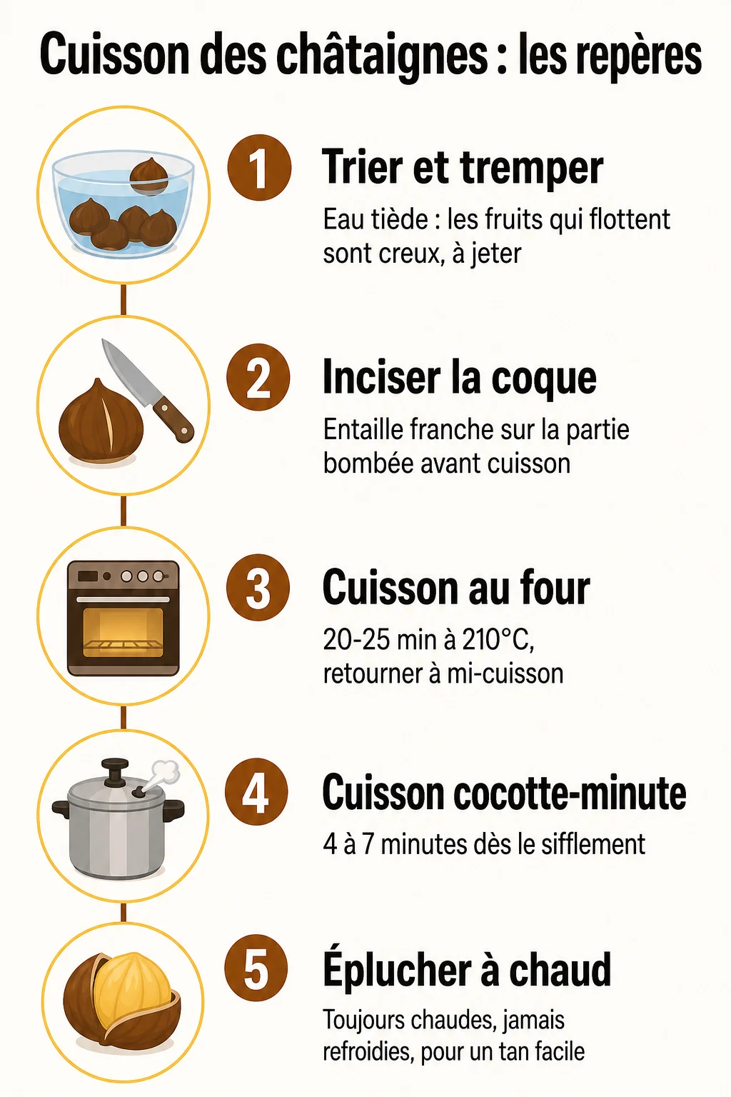 Cuisson des châtaignes : les repères : 1. Trier et tremper, 2. Inciser la coque, 3. Cuisson au four, 4. Cuisson cocotte-minute, 5. Éplucher à chaud