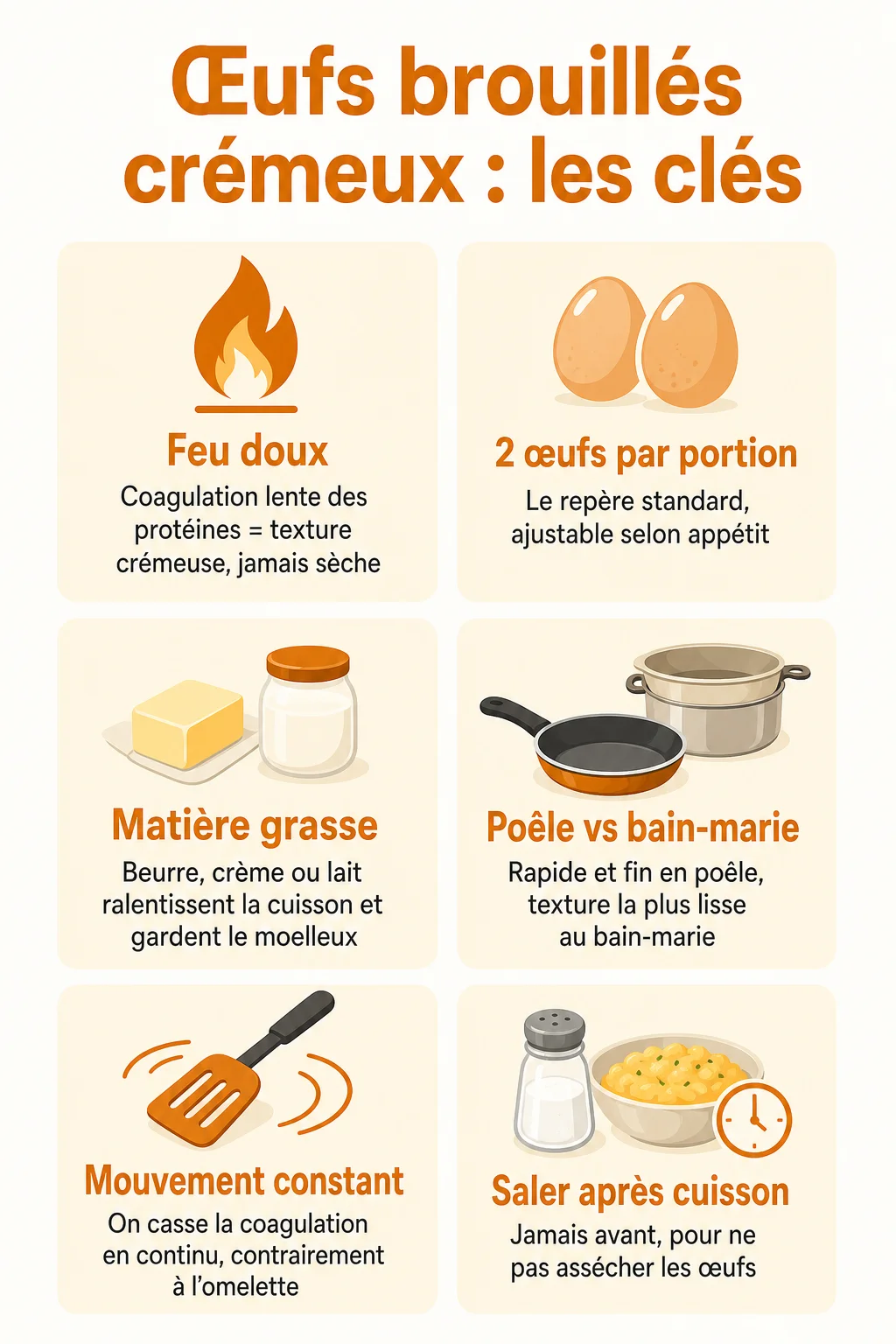 Œufs brouillés crémeux : les clés : Feu doux, 2 œufs par portion, Matière grasse, Poêle vs bain-marie, Mouvement constant, Saler après cuisson