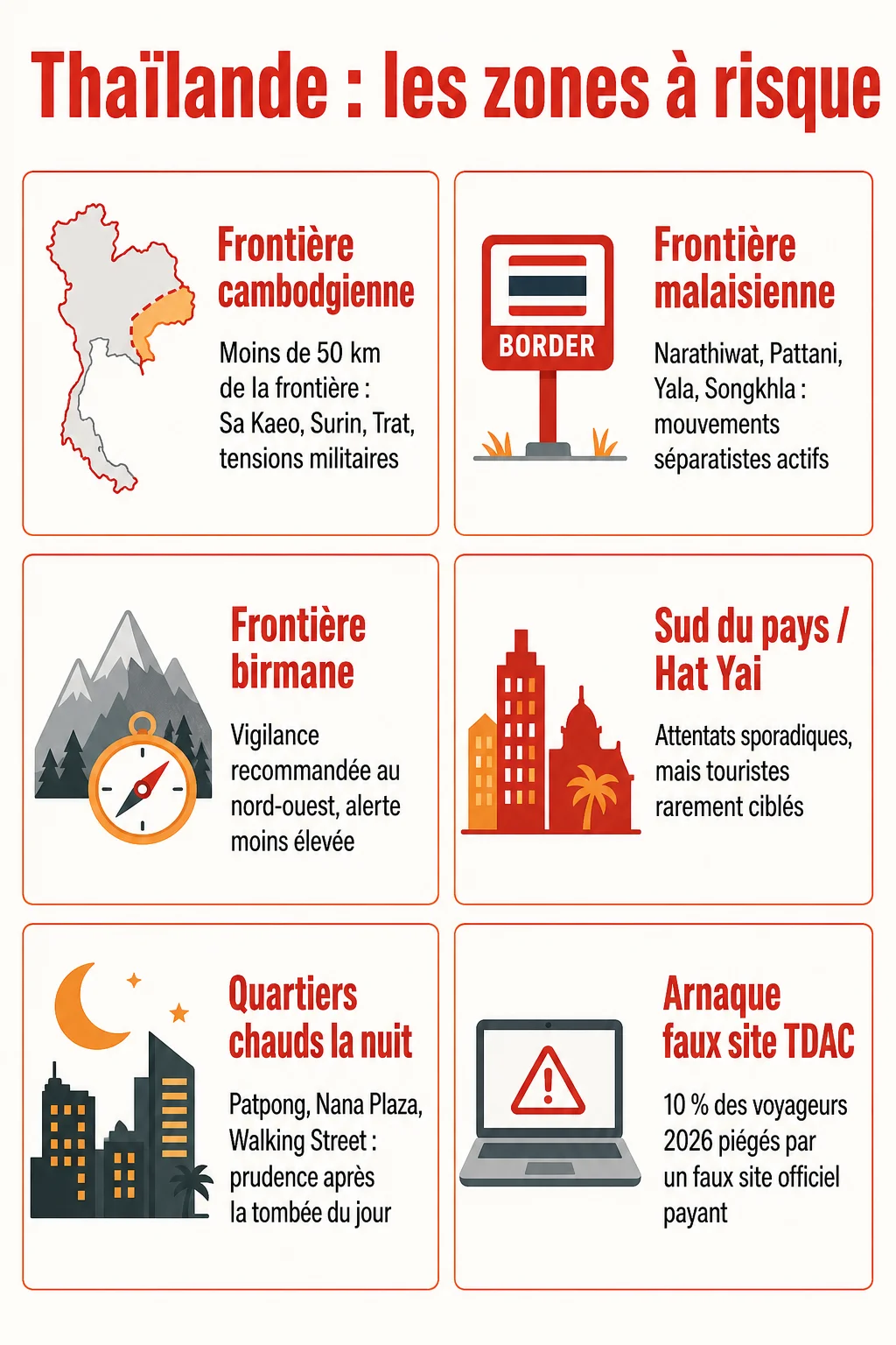 Thaïlande : les zones à risque : Frontière cambodgienne, Frontière malaisienne, Frontière birmane, Sud du pays / Hat Yai, Quartiers chauds la nuit, Arnaque faux site TDAC
