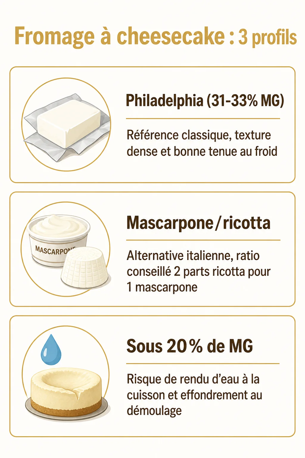 Fromage à cheesecake : 3 profils : Philadelphia (31-33% MG), Mascarpone/ricotta, Sous 20% de MG