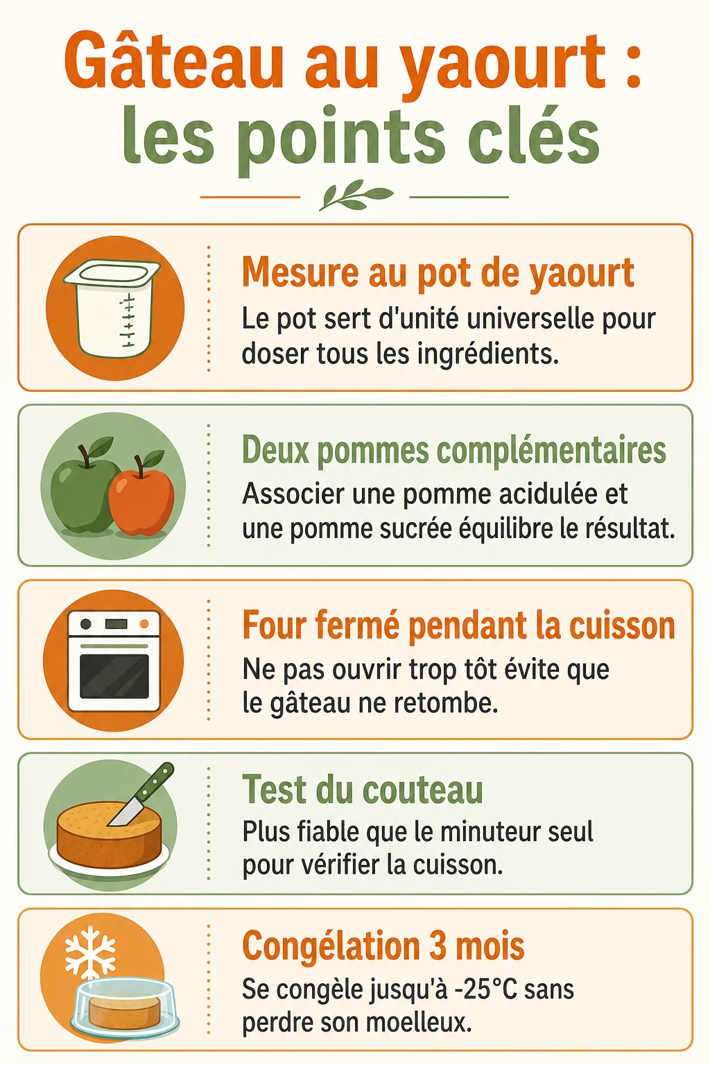 Gâteau au yaourt : les points clés : Mesure au pot de yaourt, Deux pommes complémentaires, Four fermé pendant la cuisson, Test du couteau, Congélation 3 mois