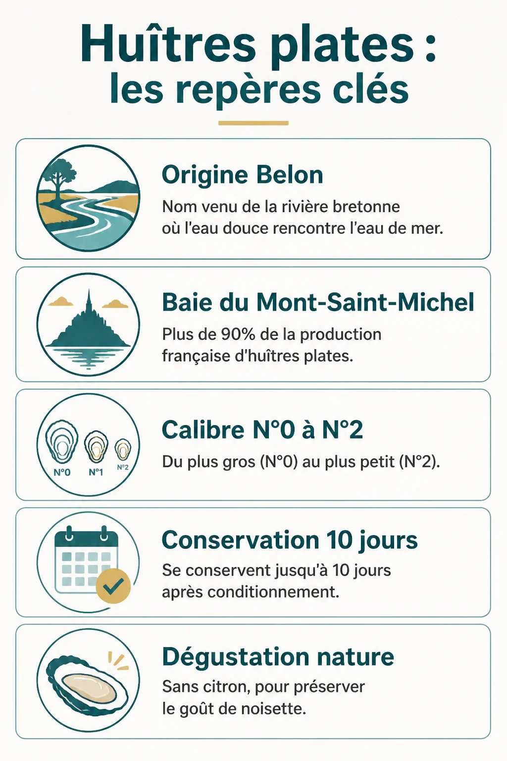 Huîtres plates : les repères clés : Origine Belon, Baie du Mont-Saint-Michel, Calibre N°0 à N°2, Conservation 10 jours, Dégustation nature