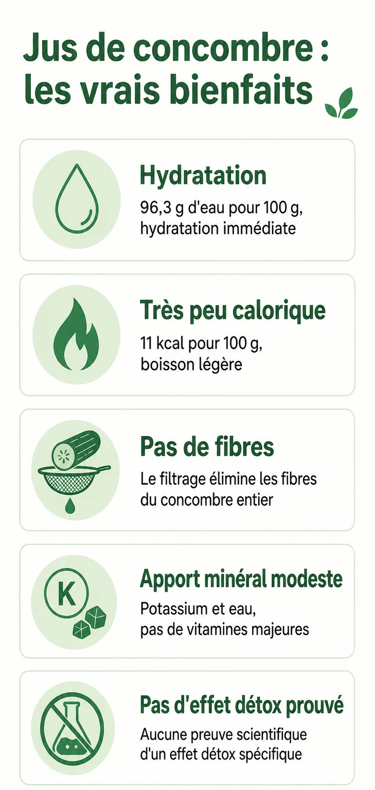 Jus de concombre : les vrais bienfaits : Hydratation, Très peu calorique, Pas de fibres, Apport minéral modeste, Pas d'effet détox prouvé
