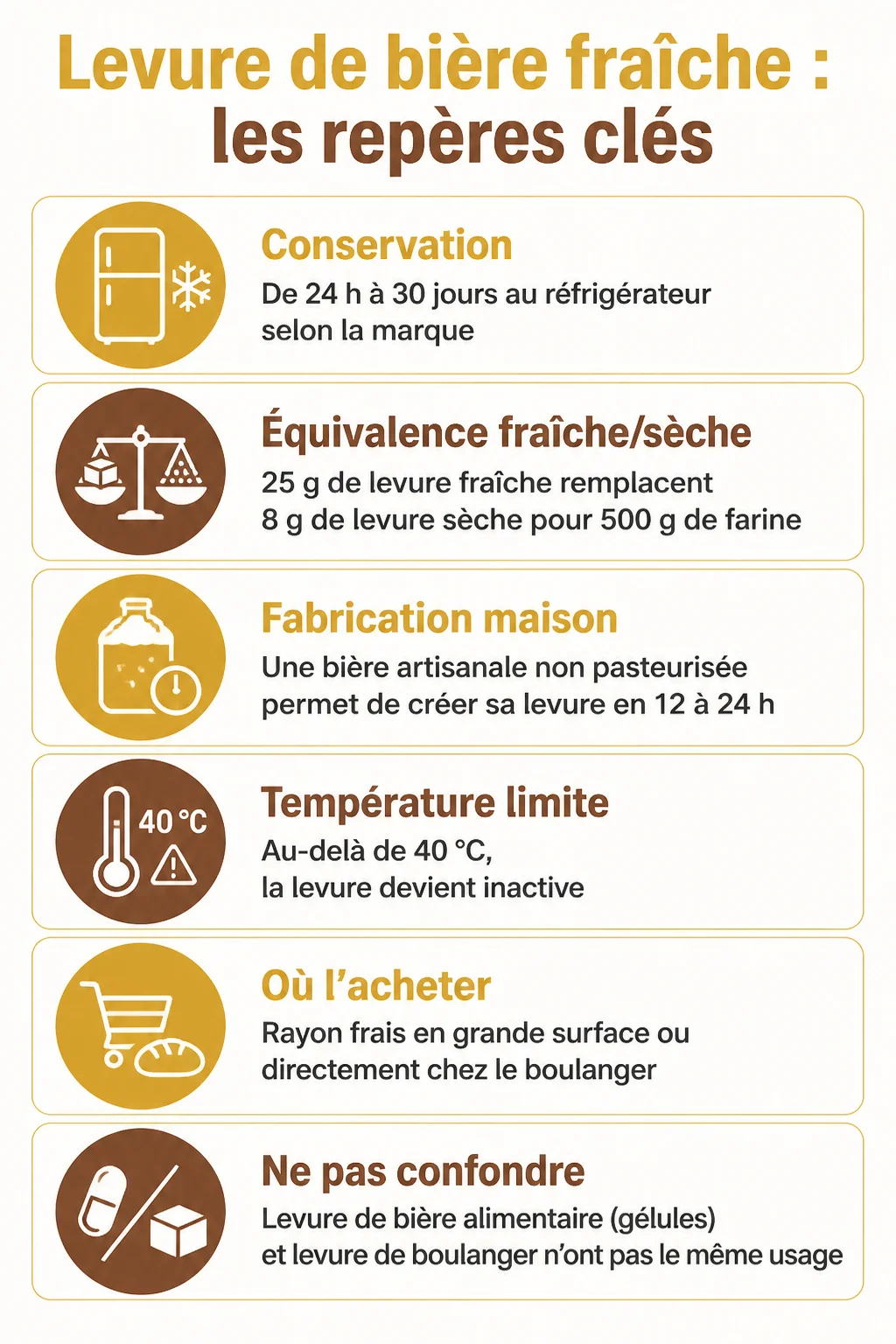 Levure de bière fraîche : les repères clés : Conservation, Équivalence fraîche/sèche, Fabrication maison, Température limite, Où l'acheter, Ne pas confondre