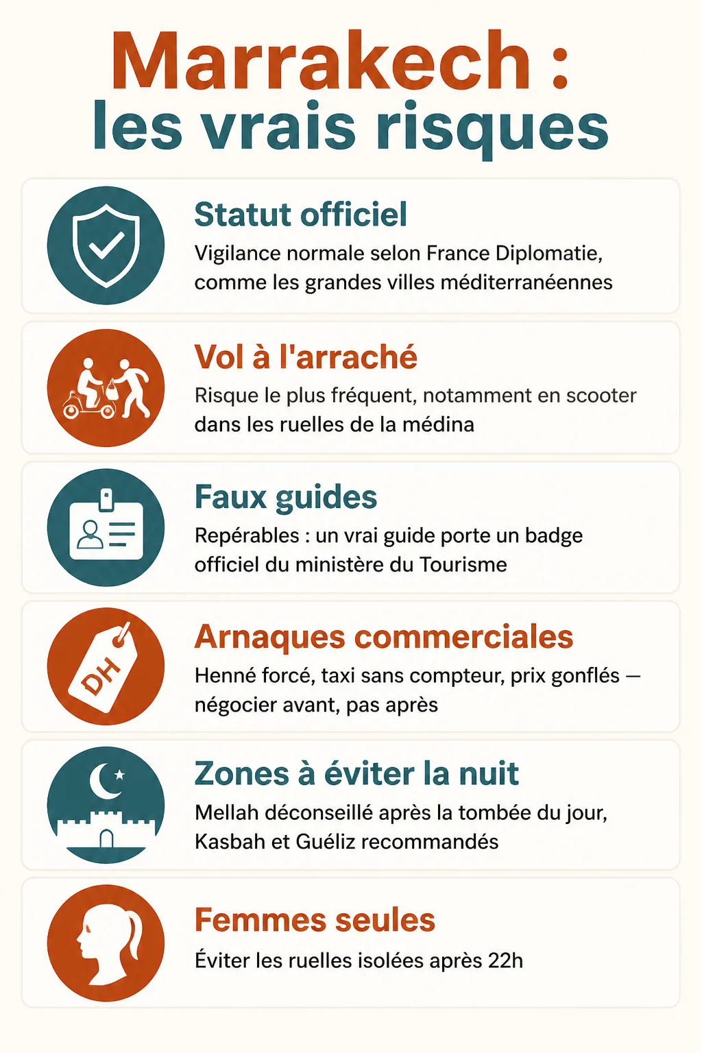 Marrakech : les vrais risques : Statut officiel, Vol à l'arraché, Faux guides, Arnaques commerciales, Zones à éviter la nuit, Femmes seules