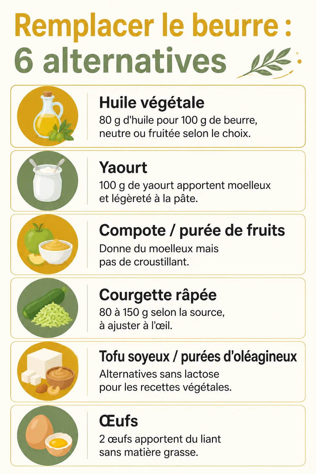 Remplacer le beurre : 6 alternatives : Huile végétale, Yaourt, Compote / purée de fruits, Courgette râpée, Tofu soyeux / purées d'oléagineux, Œufs