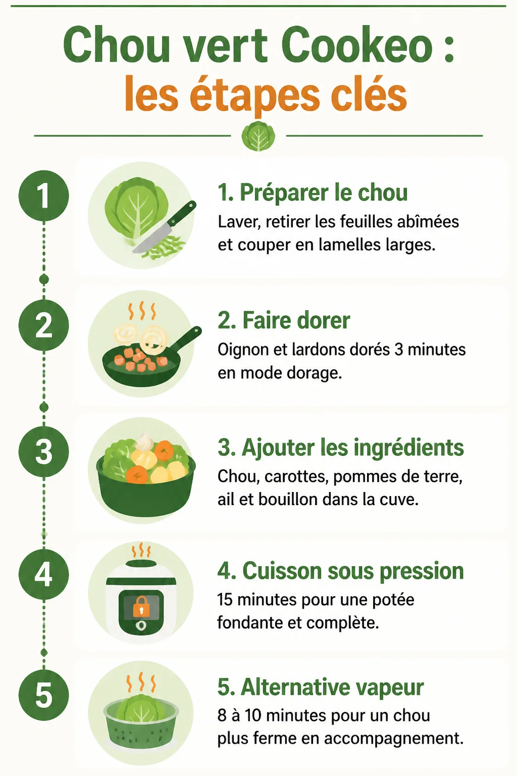Chou vert Cookeo : les étapes clés : 1. Préparer le chou, 2. Faire dorer, 3. Ajouter les ingrédients, 4. Cuisson sous pression, 5. Alternative vapeur