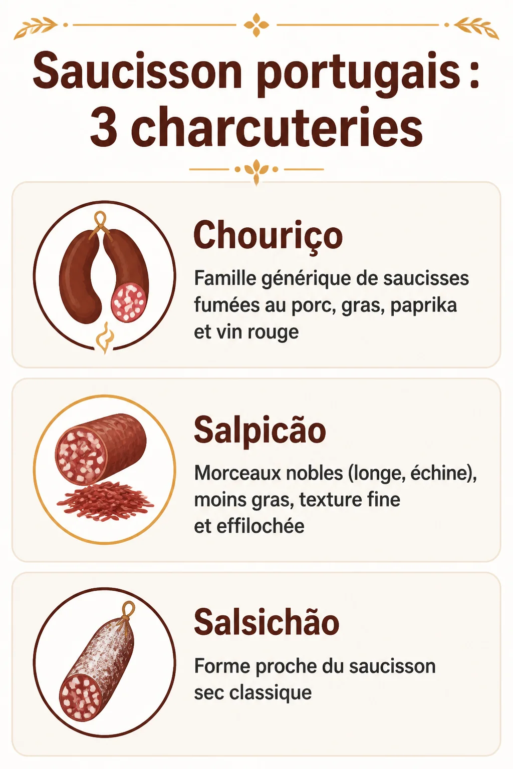 Saucisson portugais : 3 charcuteries : Chouriço, Salpicão, Salsichão