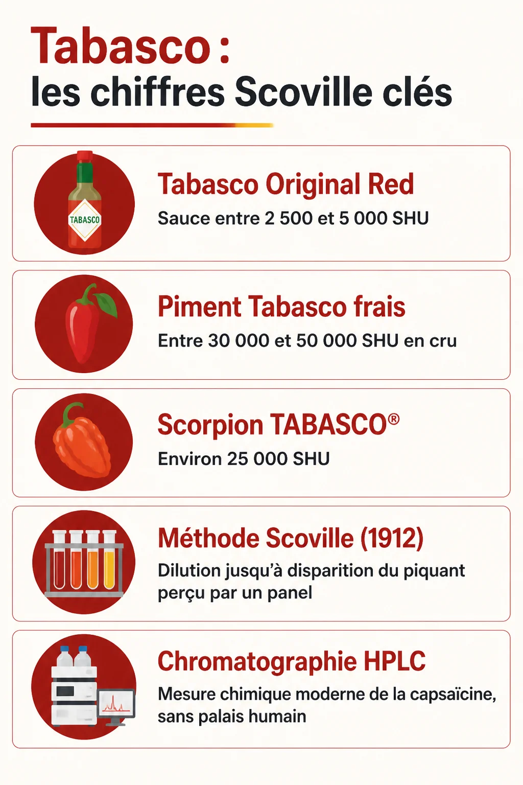 Tabasco : les chiffres Scoville clés : Tabasco Original Red, Piment Tabasco frais, Scorpion TABASCO®, Méthode Scoville (1912), Chromatographie HPLC