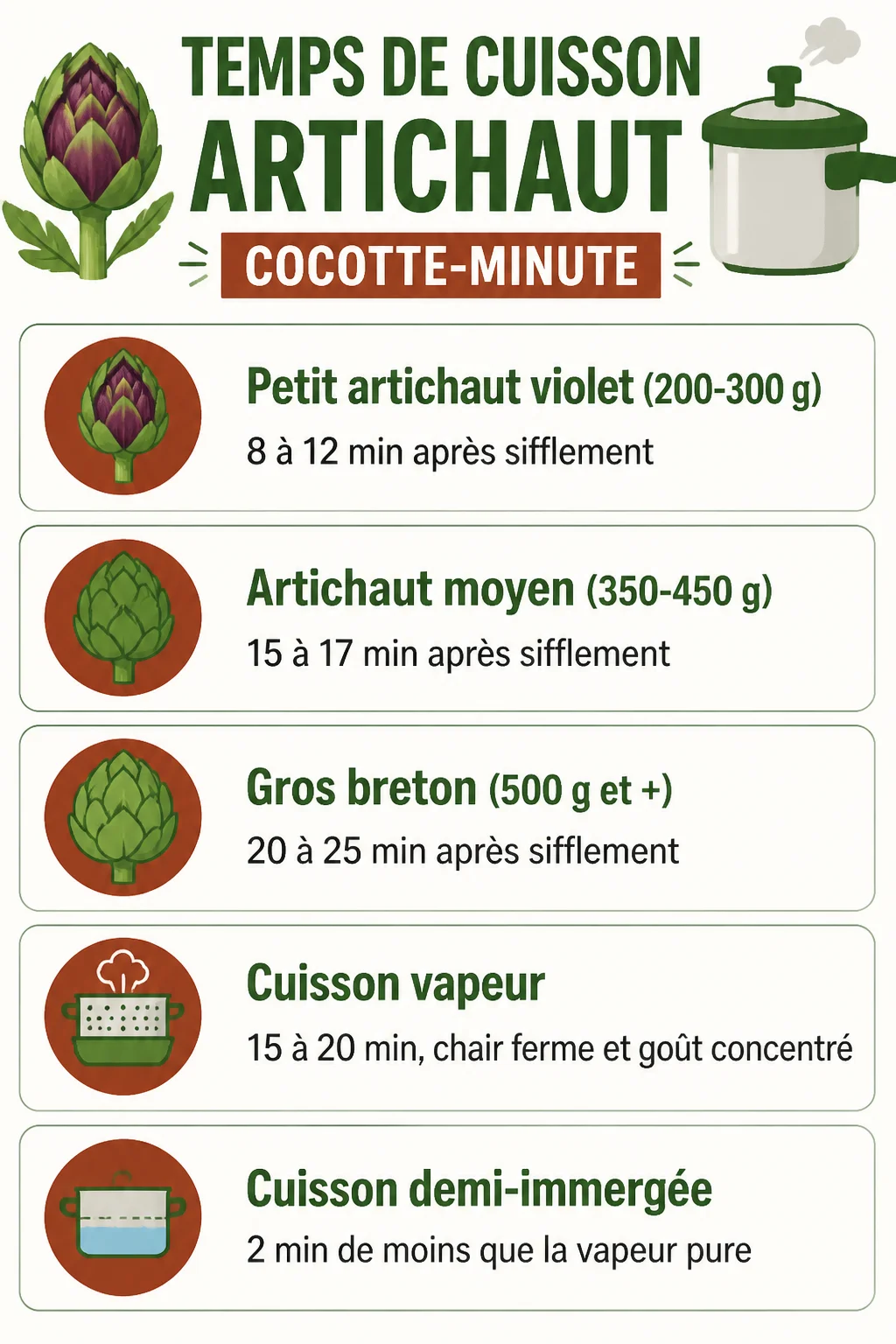 Temps de cuisson artichaut cocotte-minute : Petit artichaut violet (200-300 g), Artichaut moyen (350-450 g), Gros breton (500 g et +), Cuisson vapeur, Cuisson demi-immergée