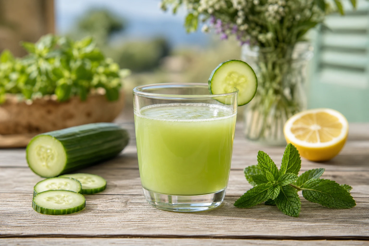 Verre de jus de concombre frais avec menthe et citron sur table en bois