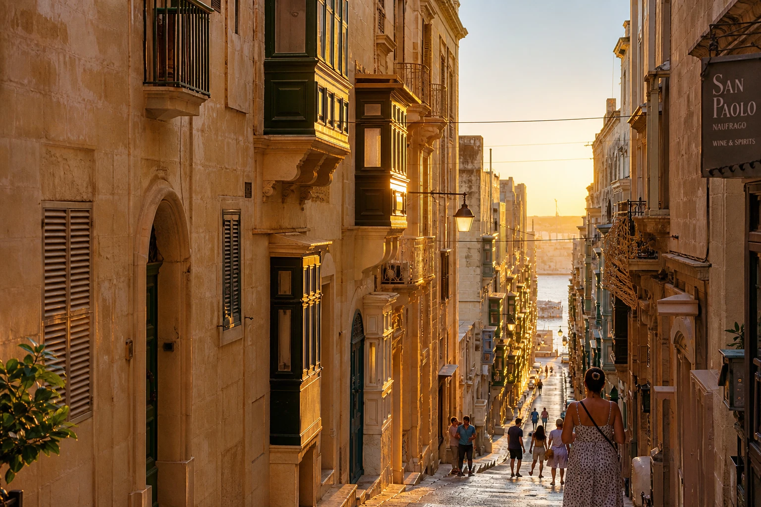 Ruelle typique de La Valette à Malte avec ses façades en pierre calcaire et balcons en bois