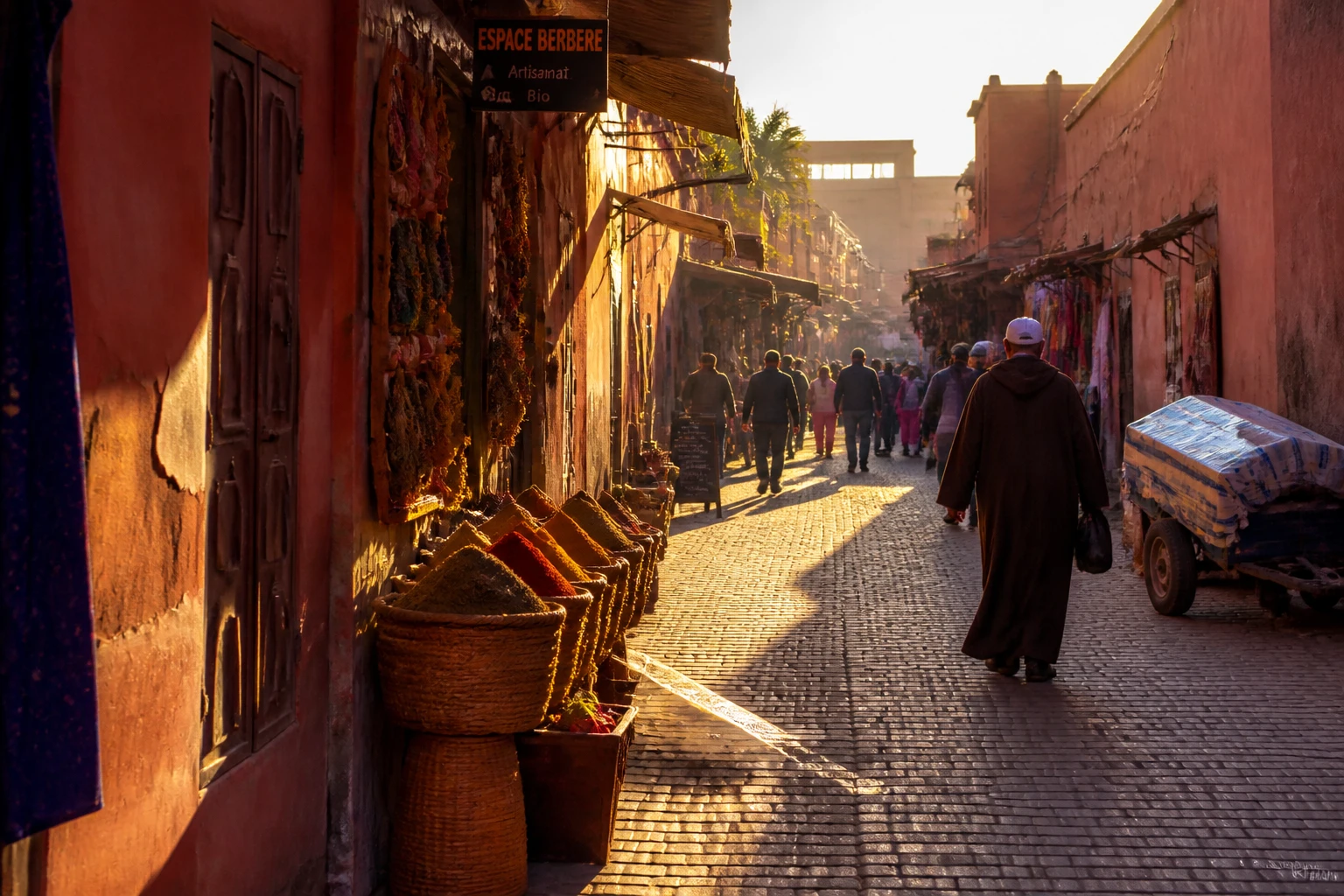 Ruelle de la médina de Marrakech avec étals colorés et lumière dorée de fin de journée