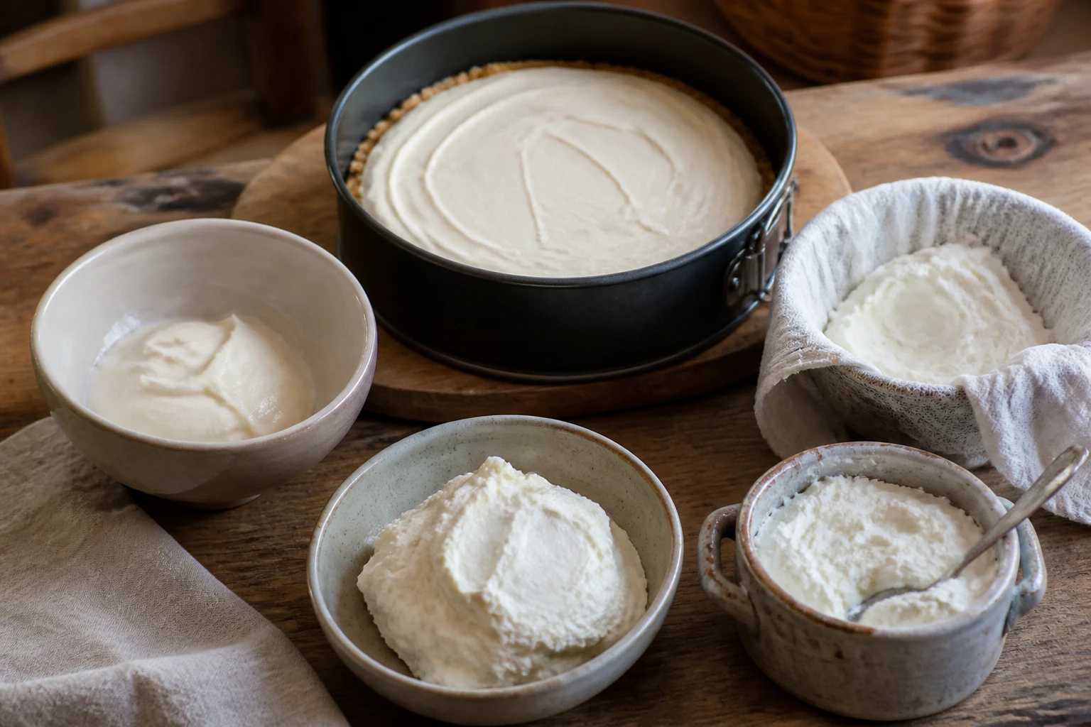 Bols de fromages frais alternatifs au Philadelphia disposés sur une table en bois pour un cheesecake maison
