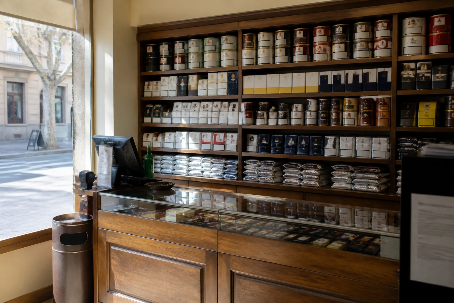 Comptoir d'un bureau de tabac espagnol avec sachets et pots de tabac à rouler alignés sur les étagères