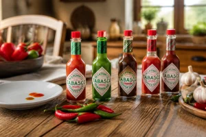Bouteilles de sauce TABASCO® de différentes couleurs alignées à côté de piments frais sur une table en bois
