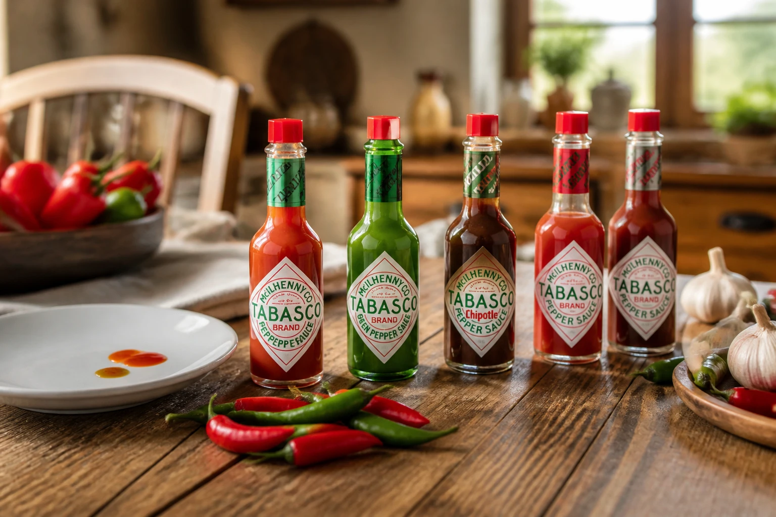 Bouteilles de sauce TABASCO® de différentes couleurs alignées à côté de piments frais sur une table en bois