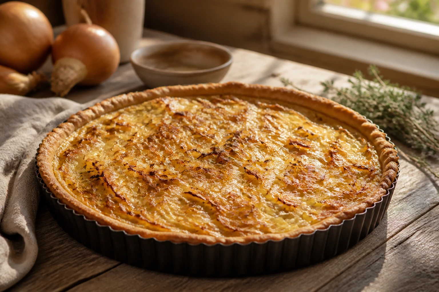 Tarte à l'oignon grand-mère dorée sur table en bois avec oignons fondants et pâte sablée