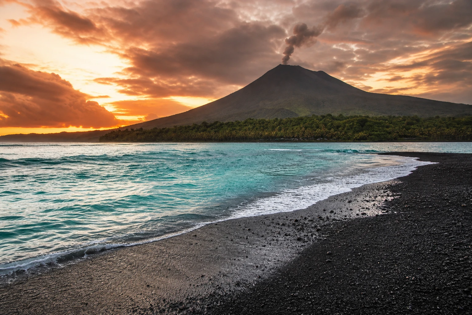 Plage de sable noir volcanique au Vanuatu avec un volcan actif fumant à l'horizon