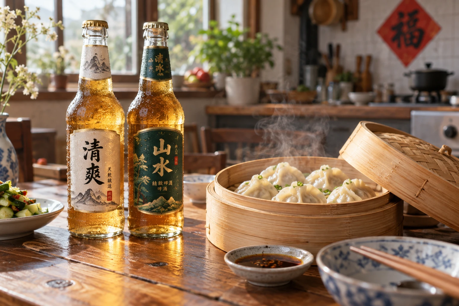 Bouteilles de bière chinoise fraîches servies avec des raviolis vapeur sur une table en bois