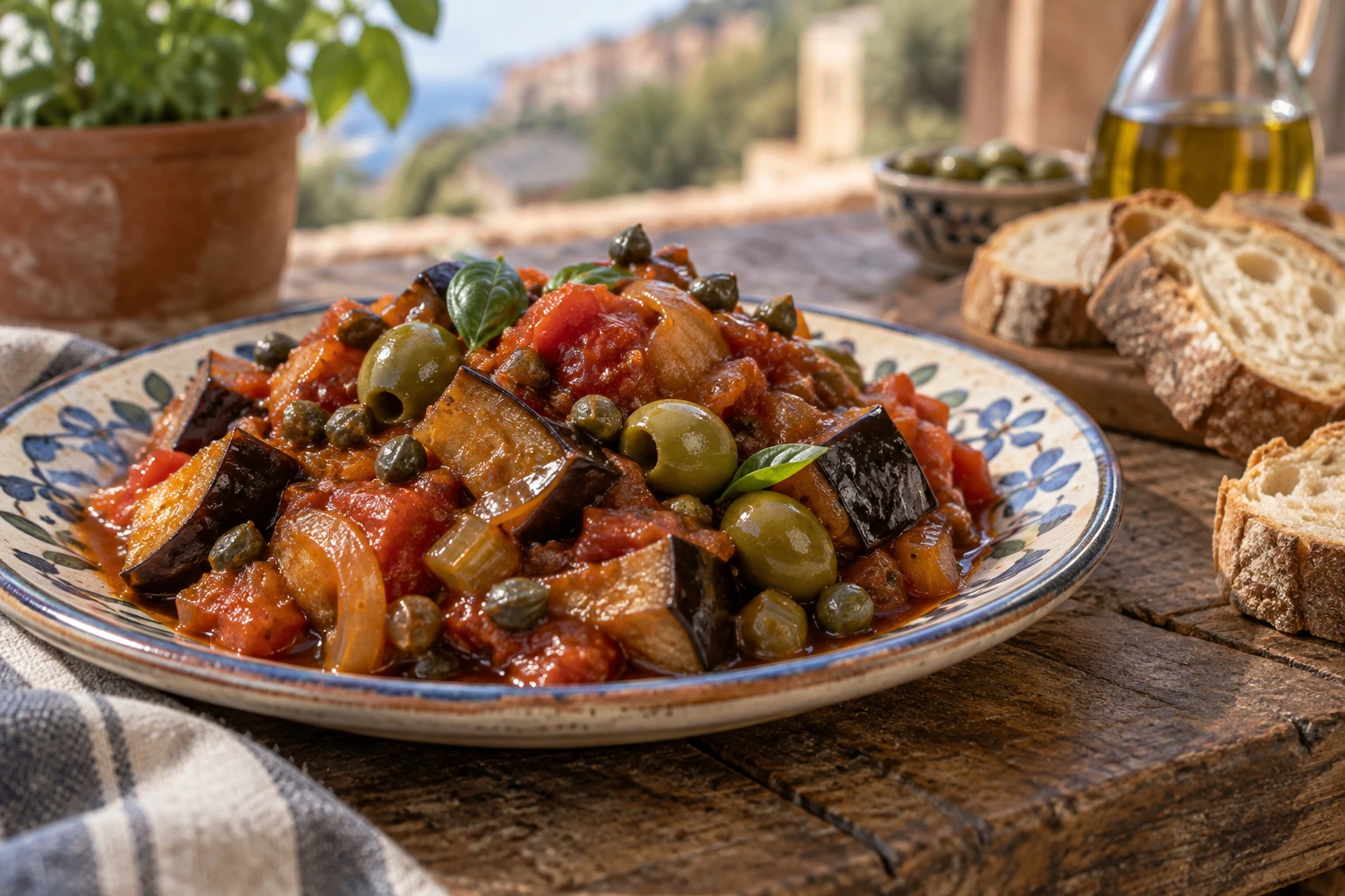 Caponata sicilienne traditionnelle dans une assiette en céramique avec pain de campagne