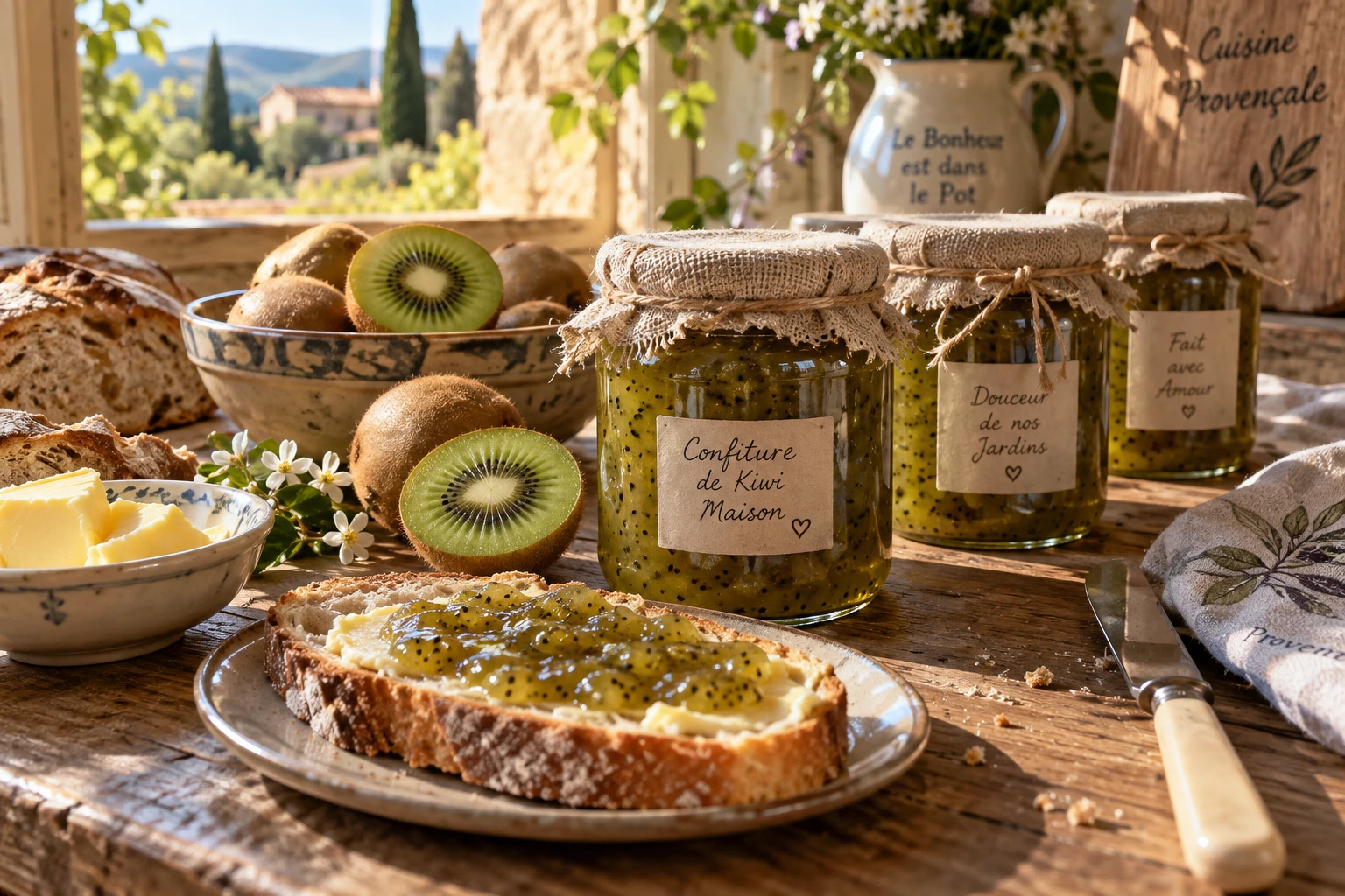 Pots de confiture de kiwi maison sur une table en bois avec des kiwis frais et une tartine