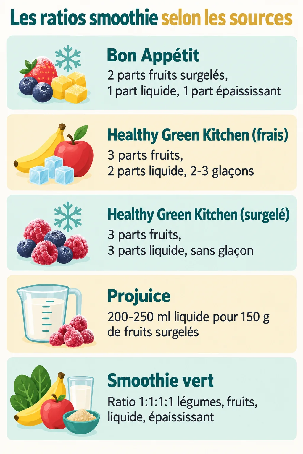 Les ratios smoothie selon les sources : Bon Appétit, Healthy Green Kitchen (frais), Healthy Green Kitchen (surgelé), Projuice, Smoothie vert