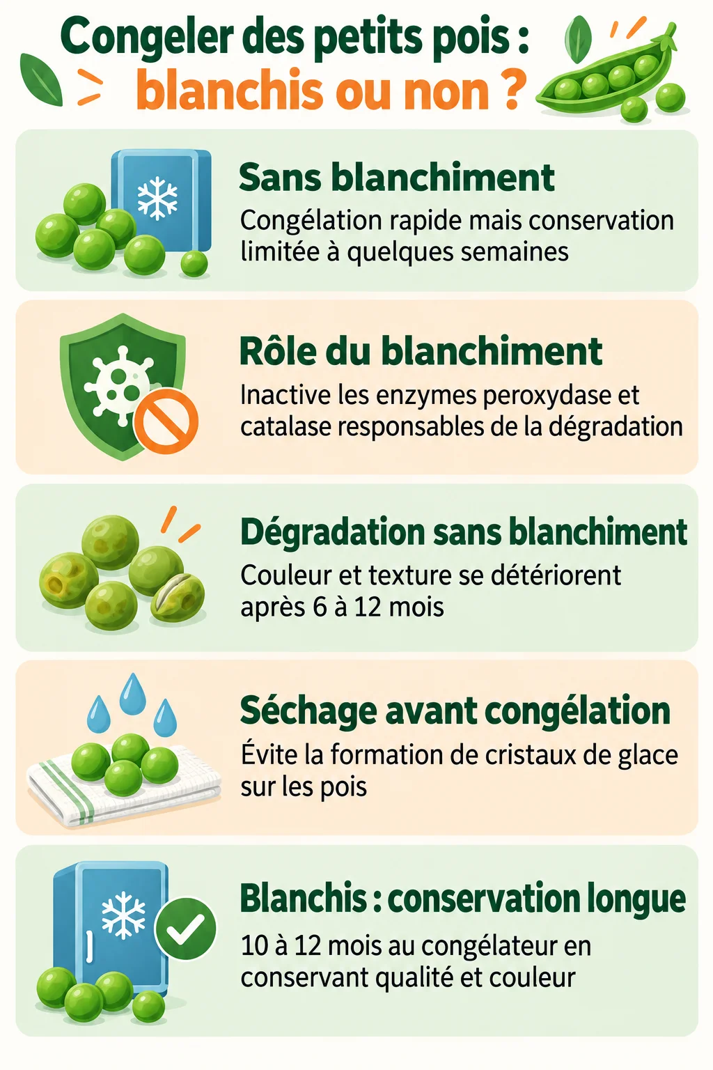 Congeler des petits pois : blanchis ou non ? : Sans blanchiment, Rôle du blanchiment, Dégradation sans blanchiment, Séchage avant congélation, Blanchis : conservation longue