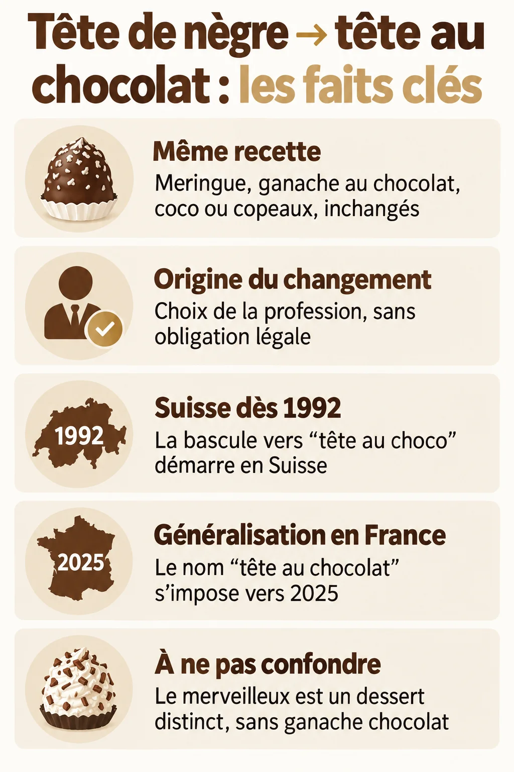 Tête de nègre → tête au chocolat : les faits clés : Même recette, Origine du changement, Suisse dès 1992, Généralisation en France, À ne pas confondre