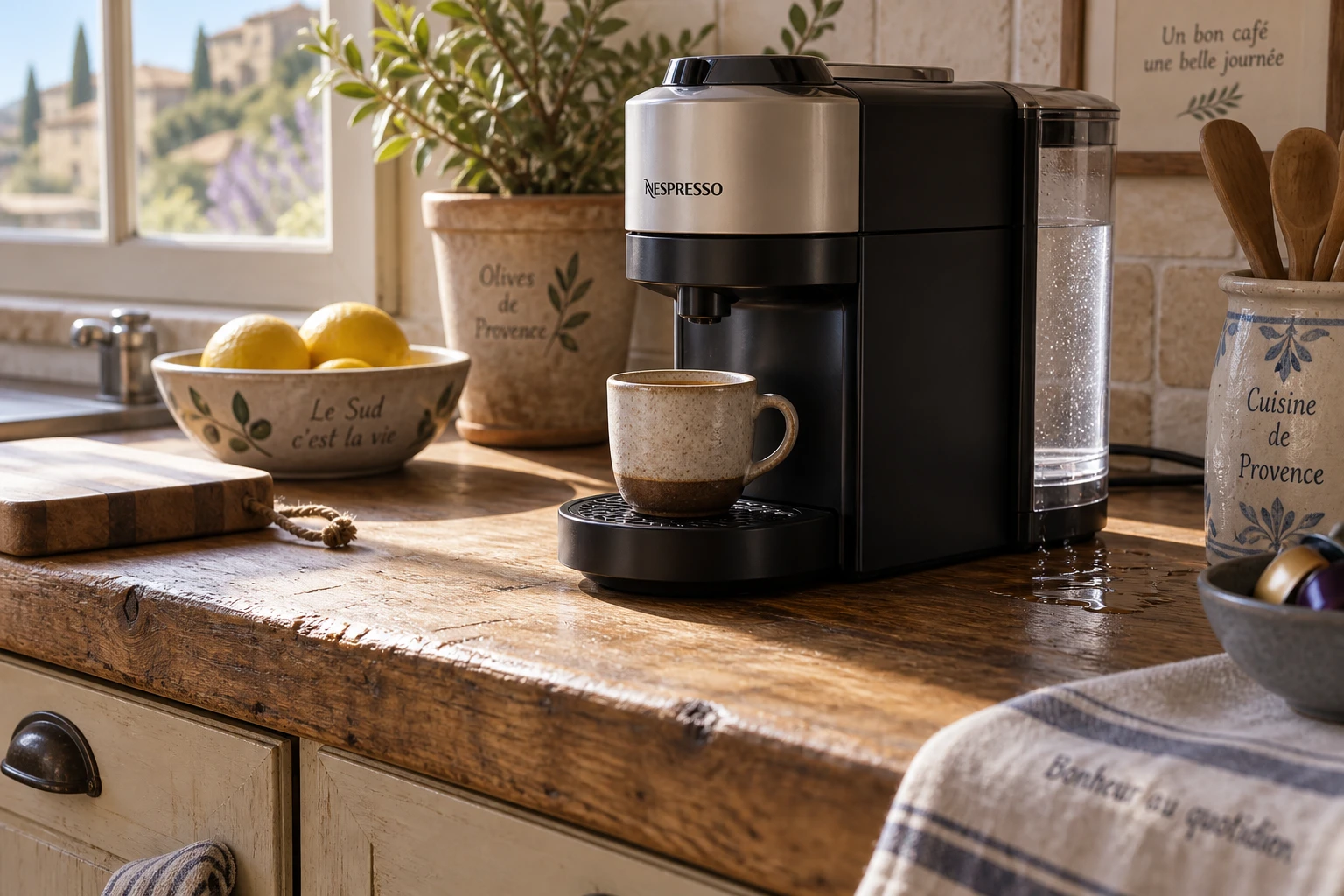 Machine Nespresso qui fuit sous le réservoir d'eau sur un plan de travail