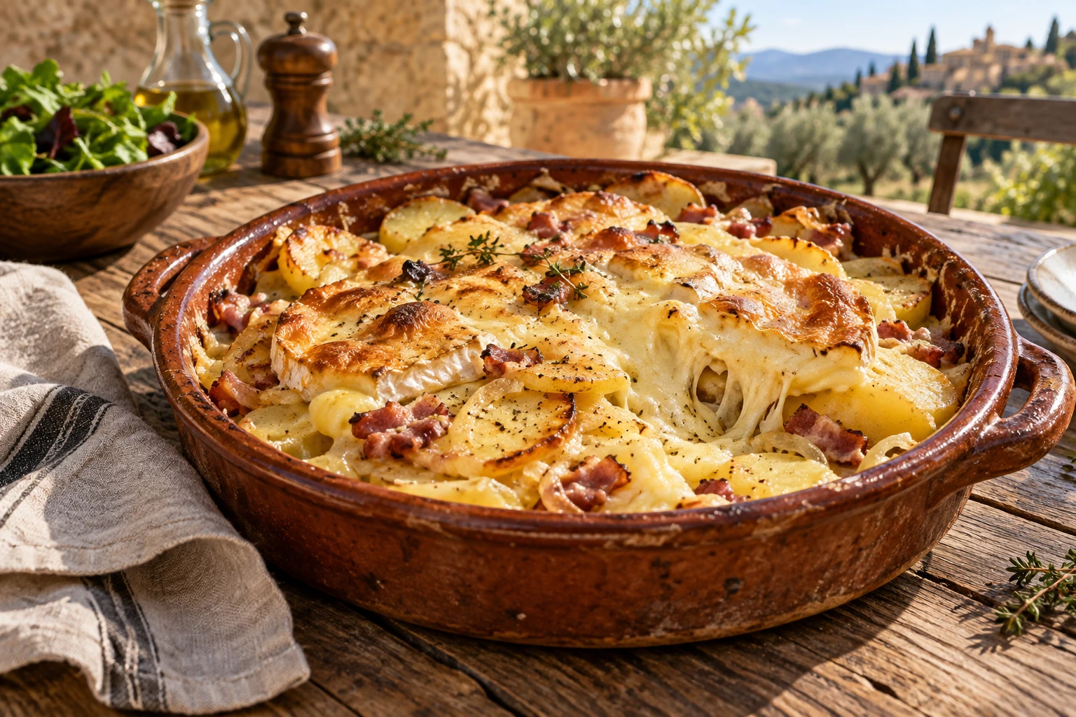 Tartiflette dorée au reblochon avec rondelles de pommes de terre à chair ferme dans un plat en terre cuite