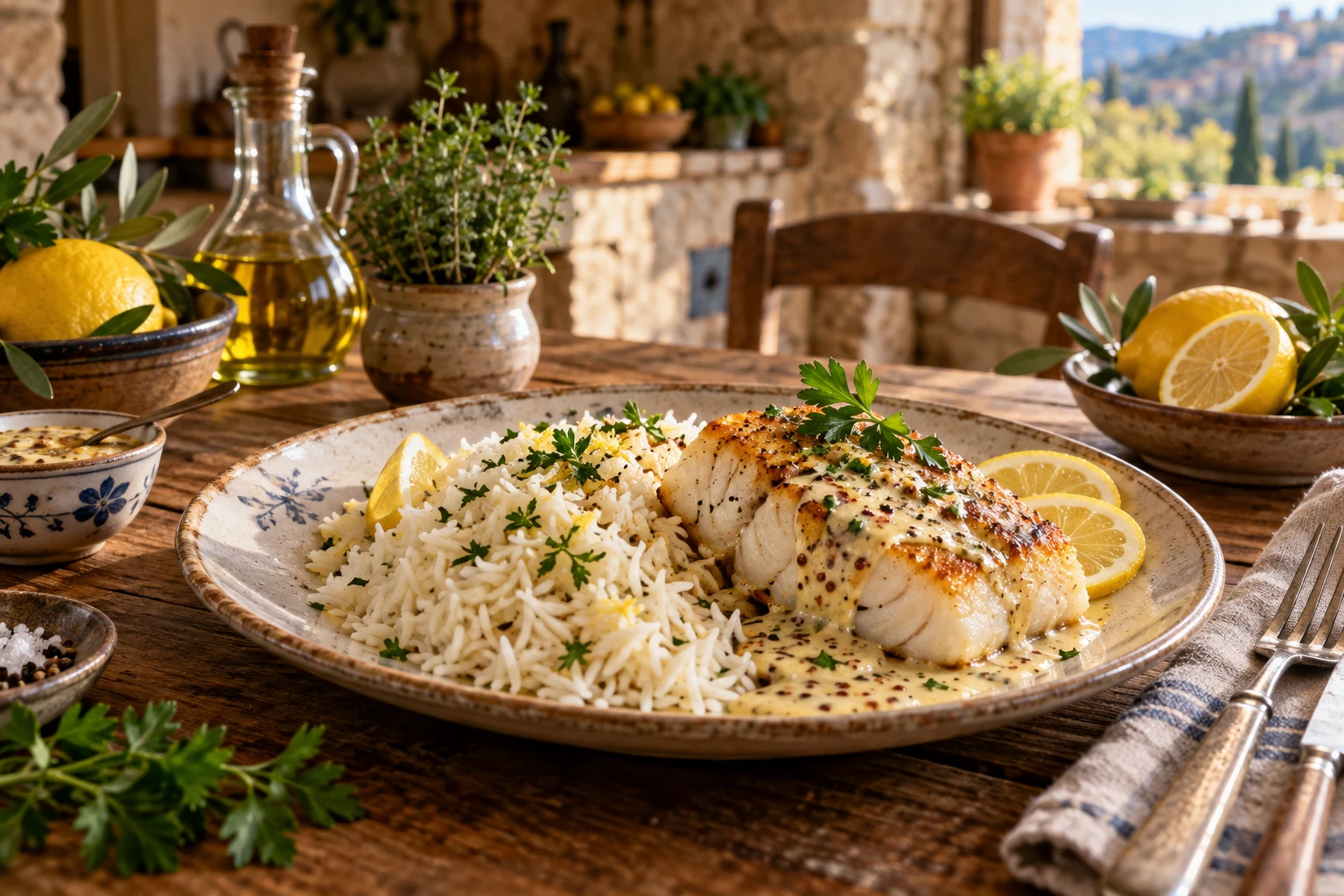 Assiette de riz en sauce pour poisson avec pavé de cabillaud et sauce moutarde-crème
