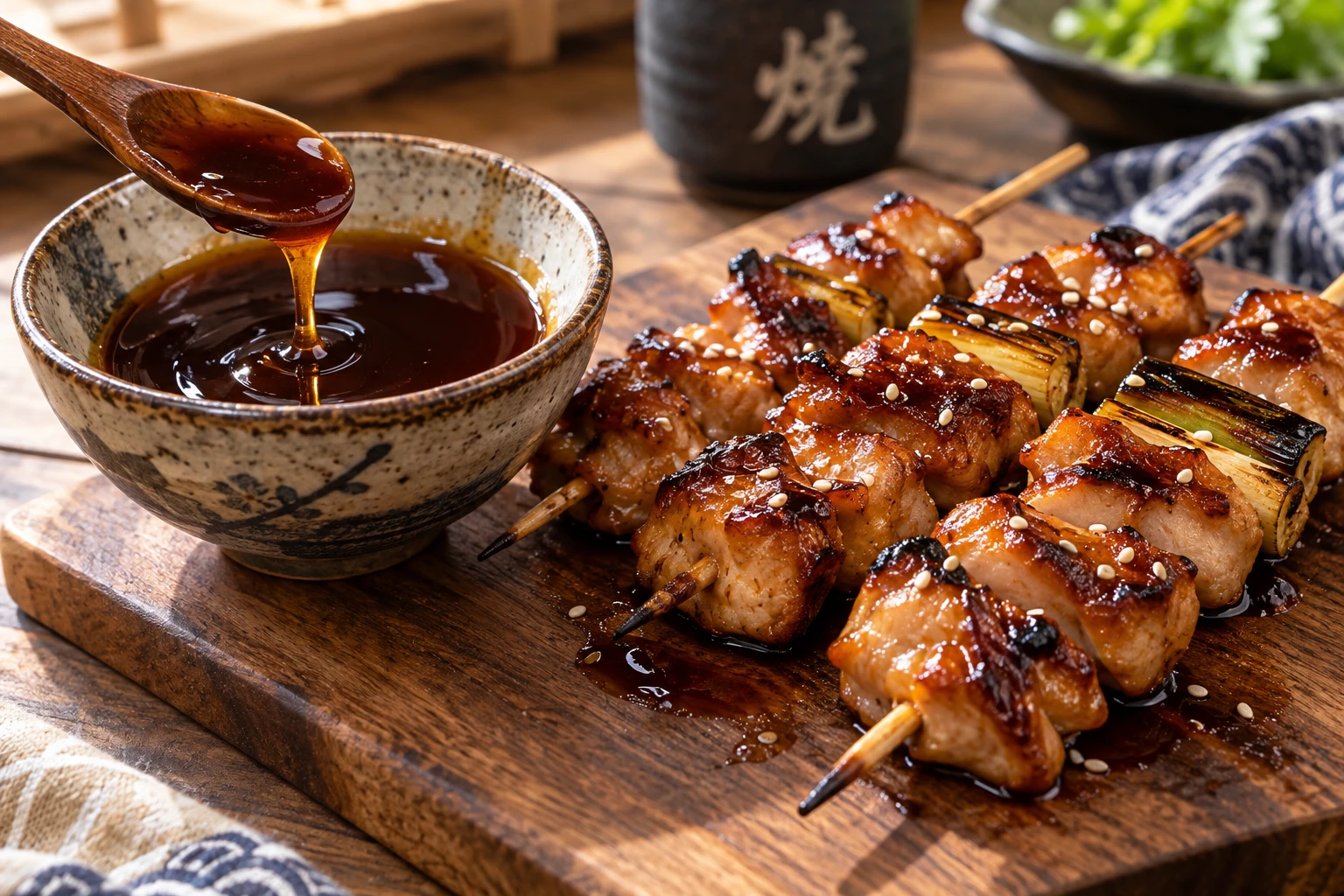 Bol de sauce yakitori maison ambrée et brillante à côté de brochettes de poulet grillées