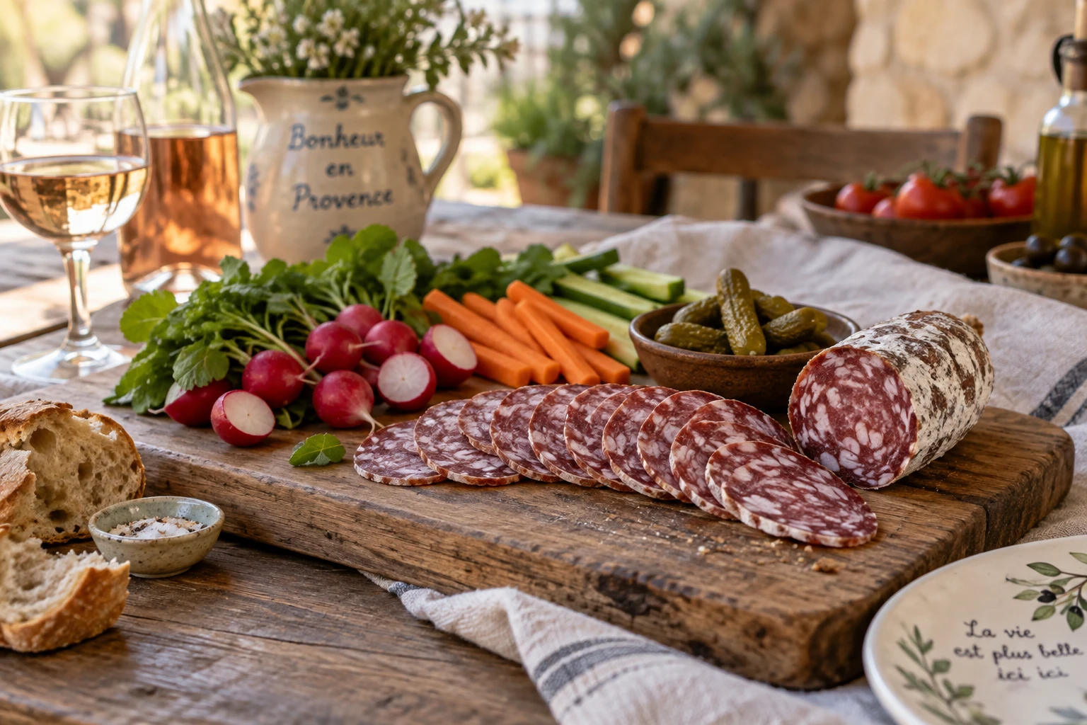 Tranches de saucisson sans gras servies avec des crudités sur une planche en bois
