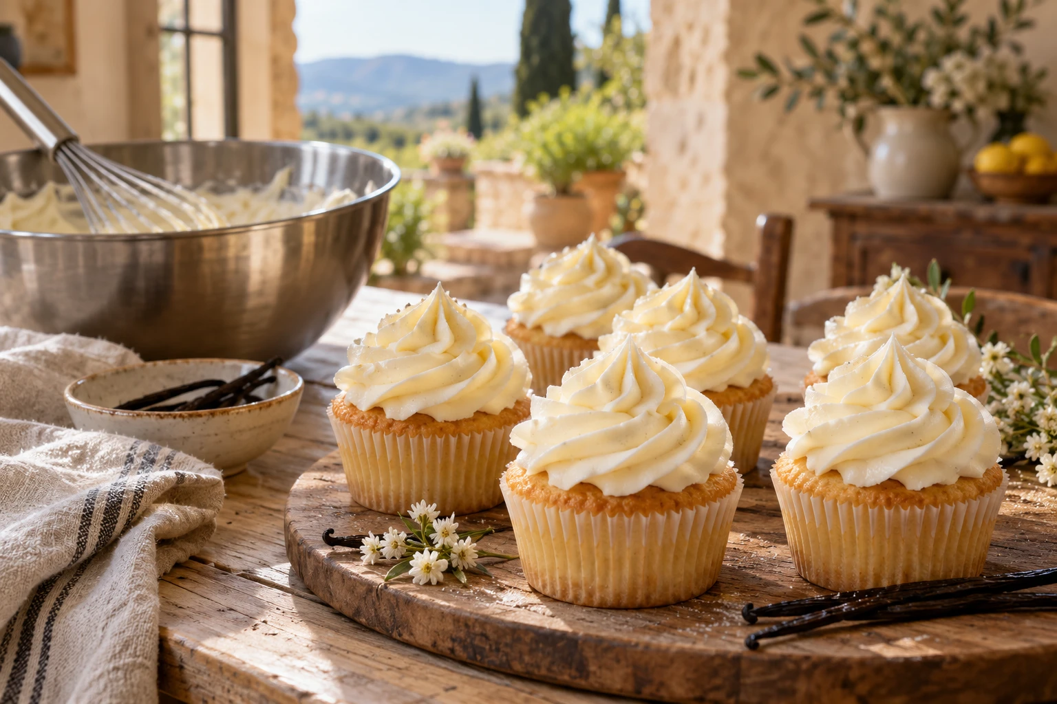 Cupcakes nappés d'un glaçage mascarpone pochés en rosace sur une table en bois, avec un saladier et un fouet