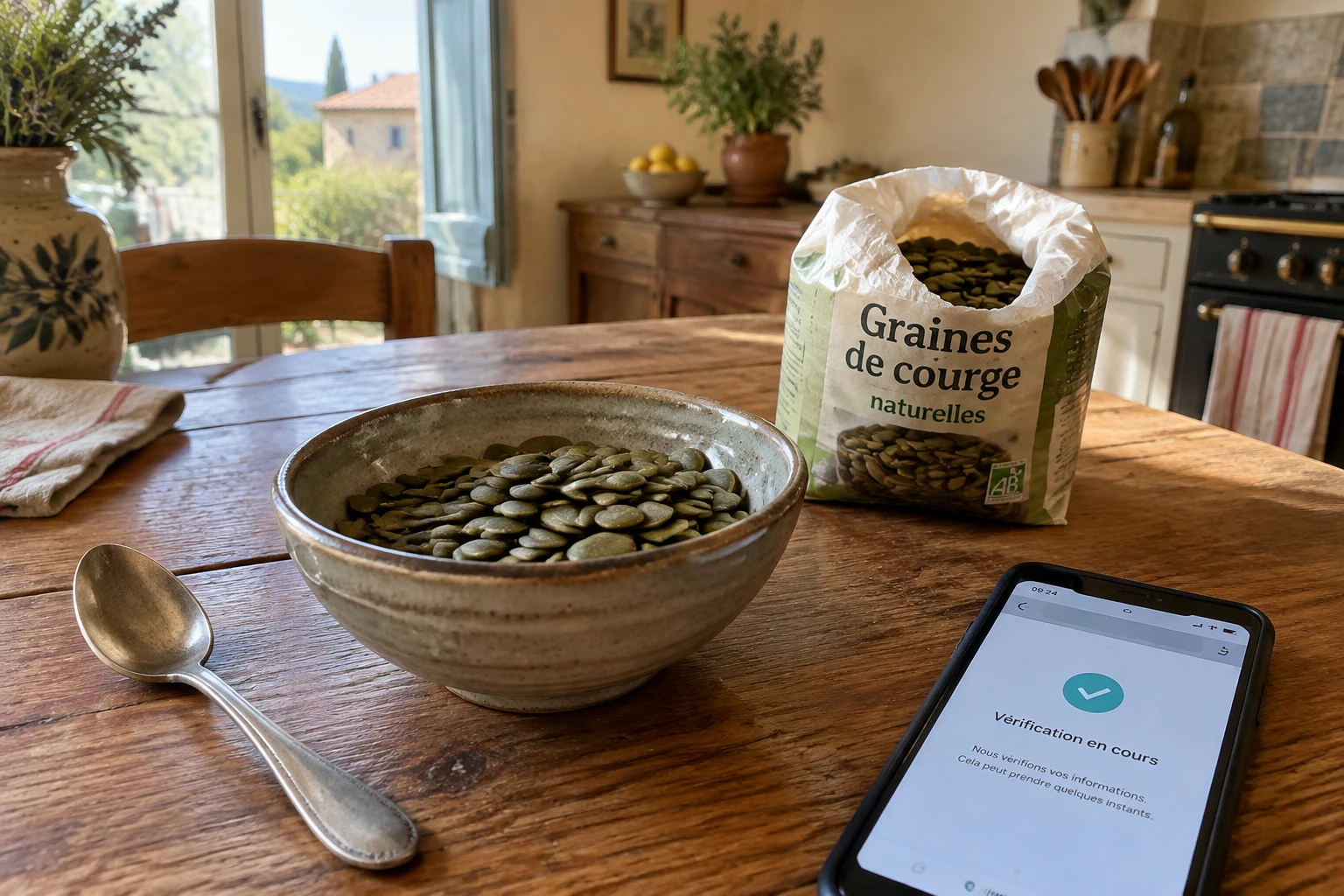 Bol de graines de courge sur une table en bois dans une cuisine provençale, avec un sachet ouvert