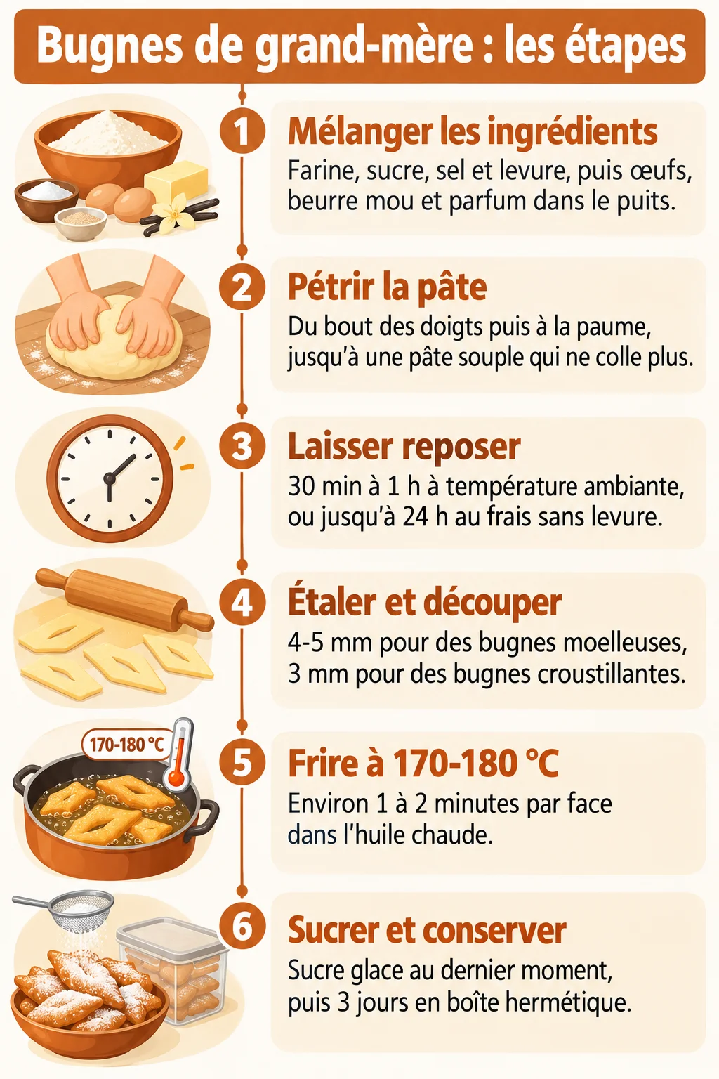 Bugnes de grand-mère : les étapes : 1. Mélanger les ingrédients, 2. Pétrir la pâte, 3. Laisser reposer, 4. Étaler et découper, 5. Frire à 170-180 °C, 6. Sucrer et conserver