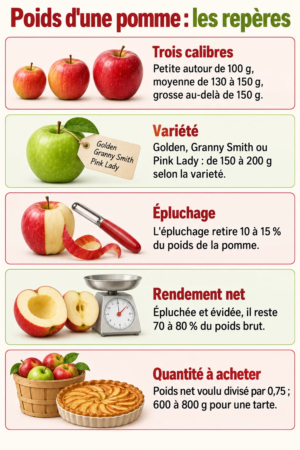 Poids d'une pomme : les repères : Trois calibres, Variété, Épluchage, Rendement net, Quantité à acheter
