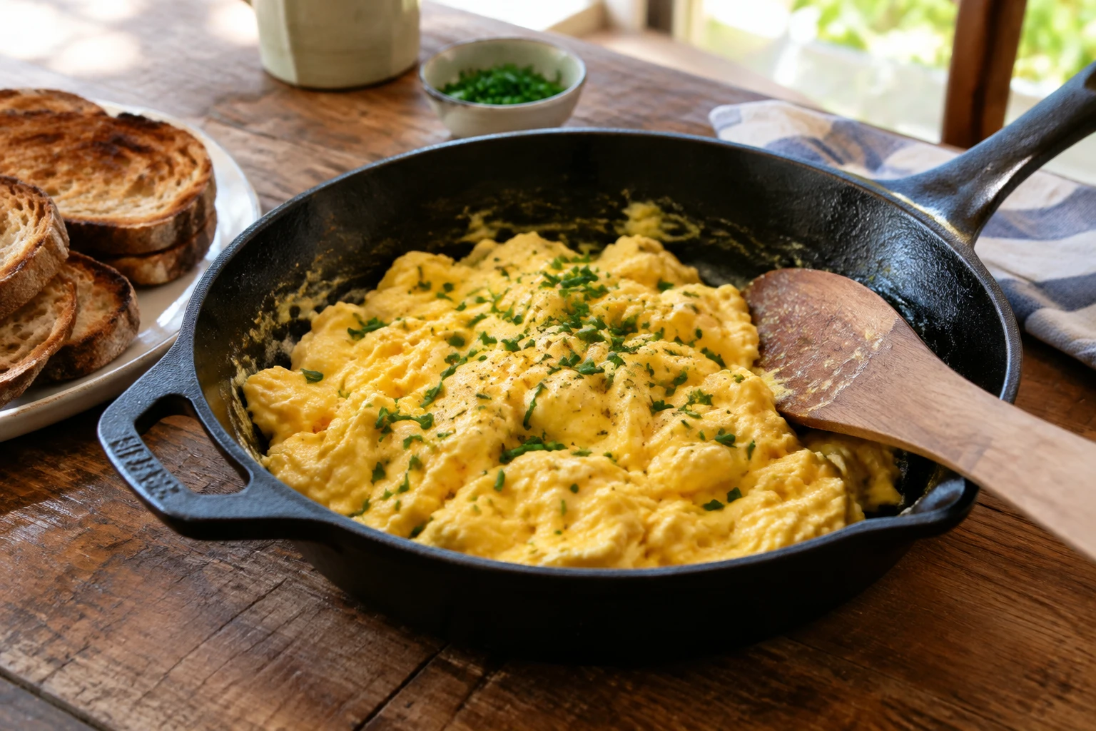 Œufs brouillés crémeux à la ciboulette dans une poêle, avec du pain grillé sur une table en bois